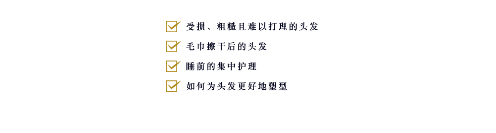 ・受损、粗糙且难以打理的头发 ・毛巾擦干后的头发 ・睡前的集中护理 ・如何为头发更好地塑型