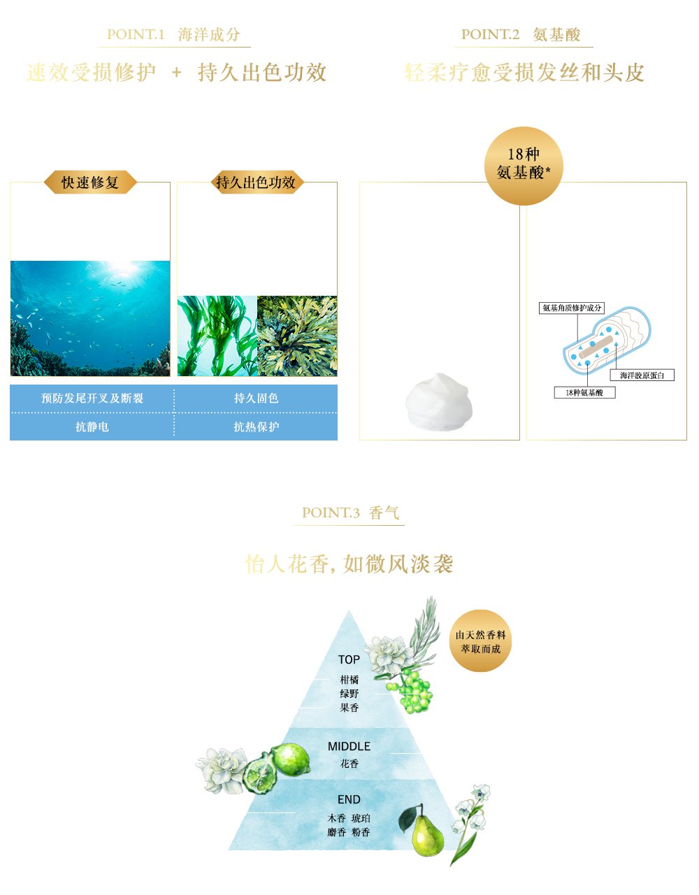 POINT.1速攻補修×感動持続、POINT.2傷んだ髪と地肌をやさしくいたわる、POINT.3そよ風のように心地よい可憐な花々の香り