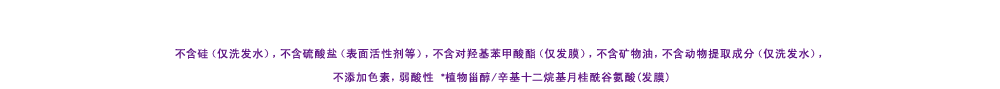 ノンシリコーン(シャンプーのみ)・サルフェート(ラウレス硫酸Naなど)フリー・パラベンフリー(ヘアマスクのみ)・無鉱物油・動物由来原料フリー（シャンプーのみ）・無着色・弱酸性  ※ラウロイルグルタミン酸ジ（フィトステリル／オクチルドデシル）（毛髪コート）