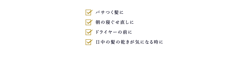 ・パサつく髪に ・朝の寝ぐせ直しに ・ドライヤーの前に ・日中の髪の乾きが気になる時に