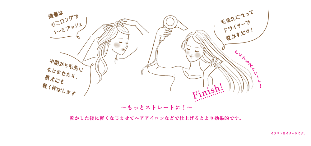 ～もっとストレートに！～乾かした後に軽くなじませてヘアアイロンなどで仕上げるとより効果的です。