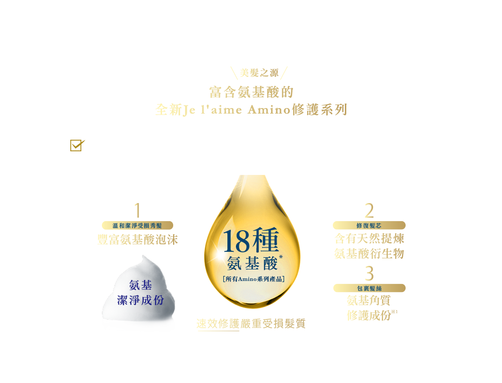 奢華的氨基酸修護　富含氨基酸的全新Je l'aime Amino修護系列　配方極致豐潤，含有特別氨基酸成份，有效潔淨、修護並包裹髮絲。促進氨基酸的修護功效，協助秀髮修復染髮與燙髮造成的損傷