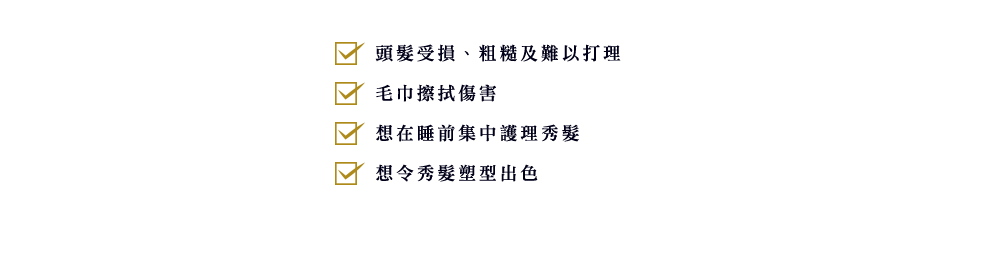 ・頭髮受損、粗糙及難以打理　・毛巾擦拭傷害　・想在睡前集中護理秀髮　・想令秀髮塑型出色