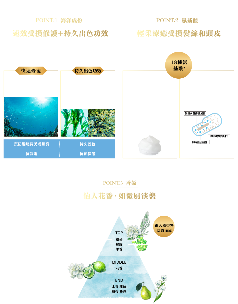 POINT.1速攻補修×感動持続、POINT.2傷んだ髪と地肌をやさしくいたわる、POINT.3そよ風のように心地よい可憐な花々の香り
